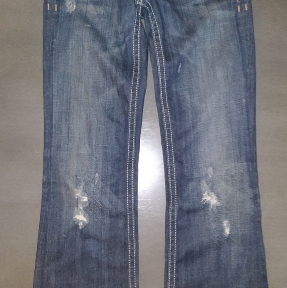 MEK Boulder Distressed Jeans Dark Wash w/ Leather Pocket Trim 26 - Picture 3 of 7